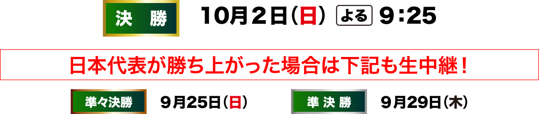 日本代表が勝ち上がった場合は準々決勝・準決勝・決勝戦も生中継！