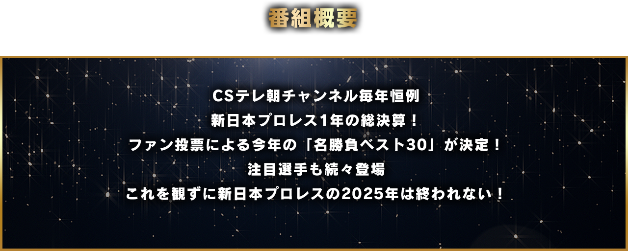 CSテレ朝チャンネル毎年恒例、新日本プロレス1年の総決算！ファン投票による今年の「名勝負ベスト30」が決定！注目選手も続々登場。これを観ずに新日本プロレスの2025年は終われない！