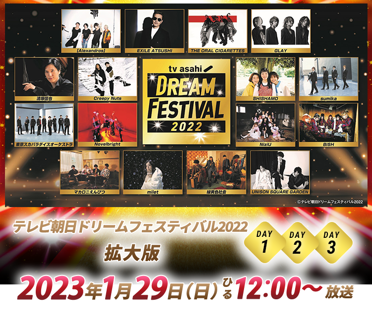 テレビ朝日ドリームフェスティバル2022 拡大版 2023年1月29日（日）ひる12：00～放送