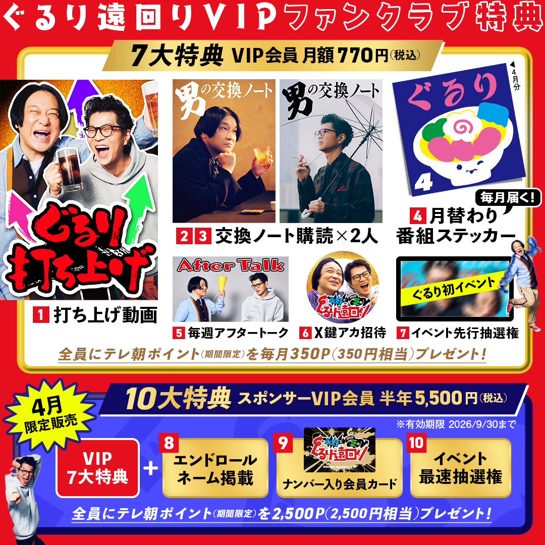 ぐるり遠回りVIPファンクラブ特典。VIP会員：月額770円、特典7つ（打ち上げ動画、交換ノート、月替わりステッカー、毎週アフタートーク、X裏アカ、イベント先行券など）。スポンサーVIP会員：半年5,500円、特典10個（VIP特典すべて ＋ エンドロール名前掲載、限定ステッカー、イベント最速抽選券）。 その他：テレ朝ポイント50%還元キャンペーン実施中。