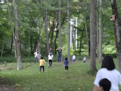 男の子たちは森の中の少しのスペースでも学生カウンセラーと野球をしていました。