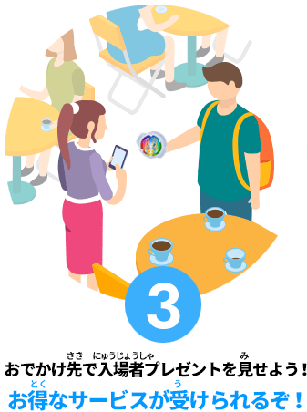 ③おでかけ先で入場者プレゼントを見せよう! お得なサービスが受けられるぞ!