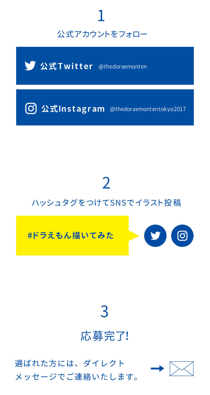 1 公式アカウントをフォロー 2 ハッシュタグをつけてSNSでイラスト投稿 3 応募完了！ 選ばれた方には、ダイレクトメッセージでご連絡致します。